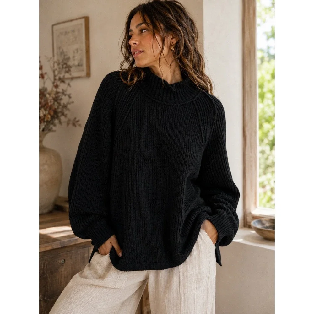 Free People Sunbeam Sweater Black Heavy Chunky Knit Oversized Pullover XS
